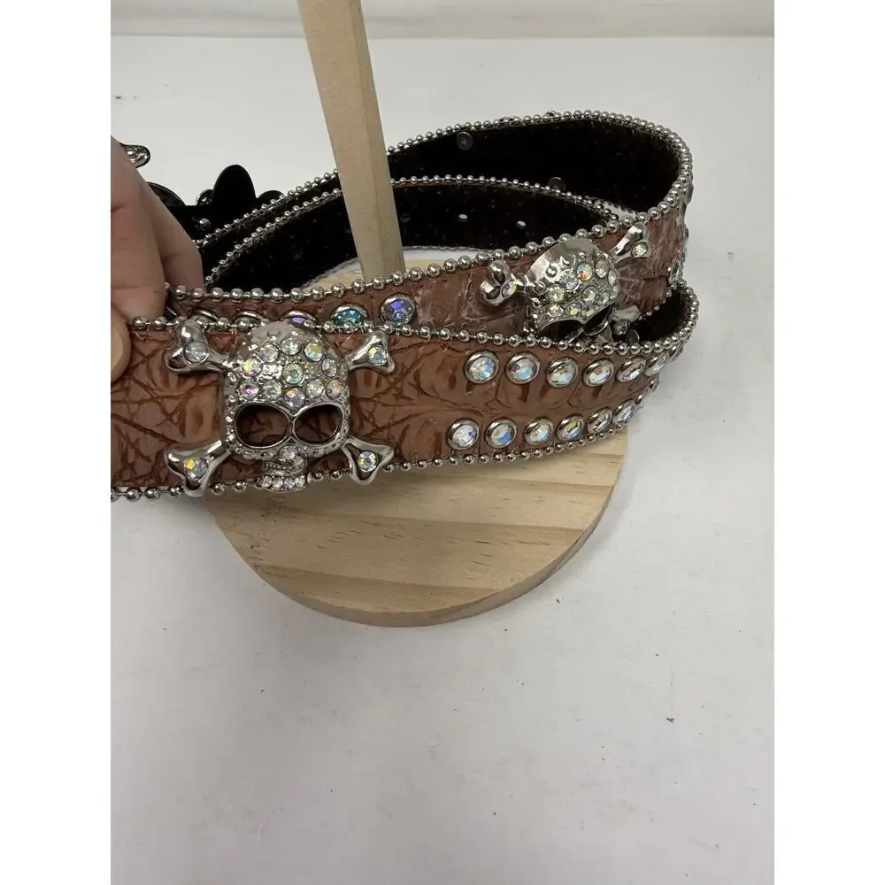 Rhinestone Western Belt Skull Brown Silver Clear Stone Unisex Size M New Leather
